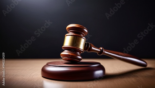 a detailed rendering showcases a classic wooden gavel against a stark black backdrop symbolizing justice and legal proceedings