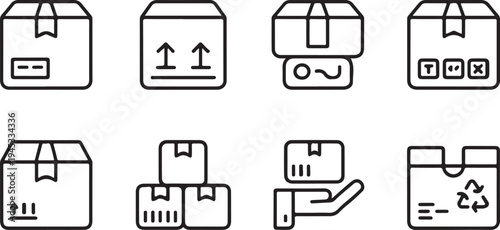 Shipping and delivery line icons include packaging box with fragile symbol, return, and recycling signs, parcel weight, logistics, and supply chain management elements