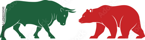 bull and bear silhouette illustration, stock market symbol design, financial market trend concept, trading bull bear icons, economic finance graphic