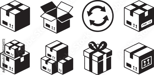 Logistics and shipping boxes icon set featuring cardboard package illustrations open and closed cartons fragile labels gift wrapping delivery symbols recycle signs warehouse storage supply chain icons