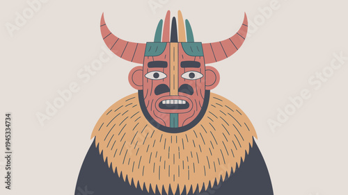 A colorful illustration of a mythical creature with horns and a furry collar