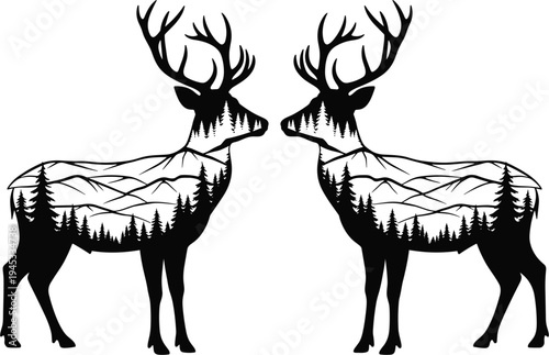 deer silhouette landscape illustration, double exposure forest deer design, wildlife nature animal graphic, mountain forest scene artwork, majestic stag silhouettesdeer silhouette landscap