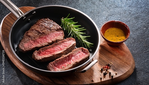 juicy medium cut beef rib eye steak slices in pan on wooden board with herbs and spices