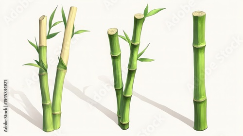 A collection of natural green and yellow bamboo stalks, some with fresh leaves, standing upright with cleanly cut tops, illustrating growth and organic botanical simplicity for design elements.
