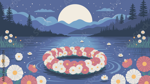 A serene nighttime scene of a lake with a floral wreath floating on the water surrounded by mountains and trees under a full moon.