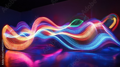 Dynamic colorful light trails creating an abstract wave pattern, flowing across a dark reflective surface, showcasing modern technology, vibrant digital energy, and futuristic movement.