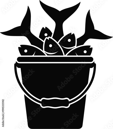 fish bucket silhouette illustration, fresh seafood catch icon, fishing harvest concept, marine food graphic, fisherman bucket design, seafood collection symbol