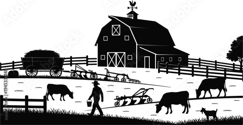 farm barn silhouette landscape, rural agriculture scene illustration, farmer livestock countryside design, vintage farming concept, barnyard animals graphic, traditional farm artwork