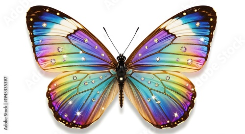 Colorful butterfly with iridescent wings and sparkling details on white background blue purple