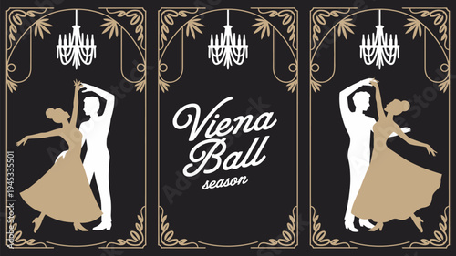 A couple dancing at the Viena Ball season with elegant chandeliers and gold decorations