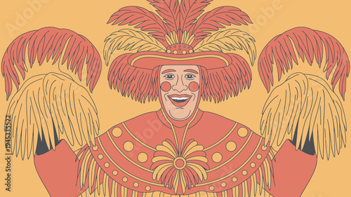 A colorful illustration of a person wearing a vibrant costume with feathers and fringe
