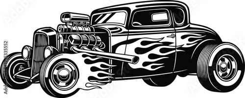 Vintage Hot Rod Coupe with Flames and Supercharged Engine Hand Drawn Retro Vector Illustration
