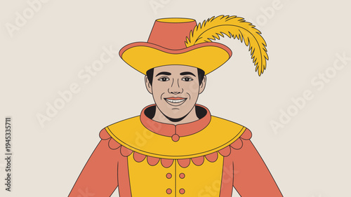 A cartoon man dressed in a vibrant and colorful Renaissance-style outfit with a feathered hat