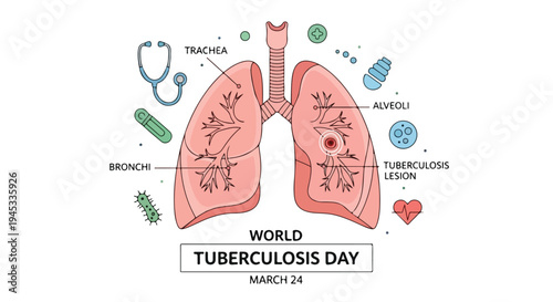 Illustration of lungs with tuberculosis symptoms for World Tuberculosis Day on March 24 with medical icons