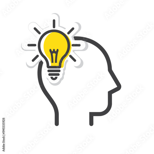 Head with bulb vector concept, creative thinking idea symbol, brainstorming icon, human mind silhouette with light bulb.