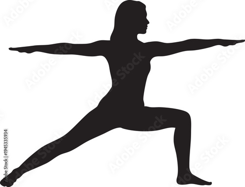Dynamic silhouette of a woman in a powerful yoga warrior pose, embodying strength, balance, and wellness