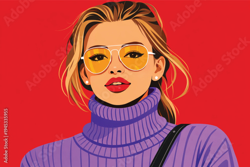 A beautiful illustration of a smiling cartoon girl with a fashion hairstyle wearing a red dress and sunglasses as a fun vector art person