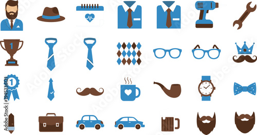Men's Accessories and Lifestyle Icon Set Featuring Mustache, Ties, Beard, Tools, Cars, and More for Male Fashion and Lifestyle Designs