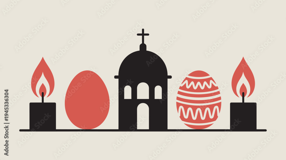 Obraz premium A symbolic Easter scene with a church, eggs, and candles on a beige background
