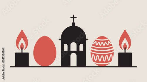 A symbolic Easter scene with a church, eggs, and candles on a beige background