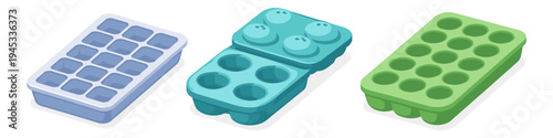 Collection of three colorful ice cube trays in isometric view on white background