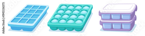 Collection of colorful ice cube trays and freezer storage containers