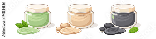 Three jars of cosmetic creams with natural ingredients and spa stones