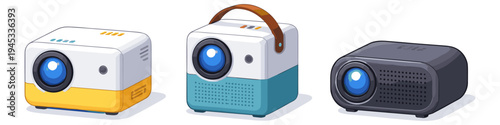 Three different portable projectors displayed side by side on a white background