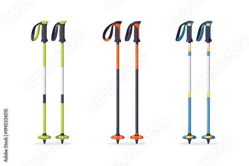 Set of three pairs of colorful ski poles with straps and baskets on white background