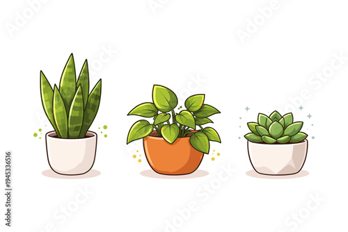 Three potted houseplants: snake plant, pothos, and succulent in cute cartoon style