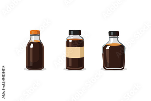 Three glass bottles containing dark brown liquid, possibly coffee or soy sauce