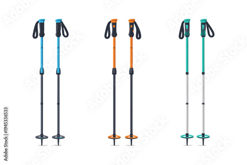 Set of three pairs of colorful adjustable trekking poles with straps and baskets