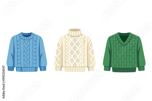 Stylish knitted sweaters in various colors and patterns for winter fashion