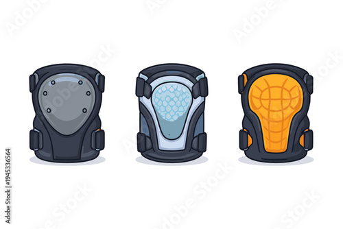 Three different styles of protective knee pads for extreme sports and activities