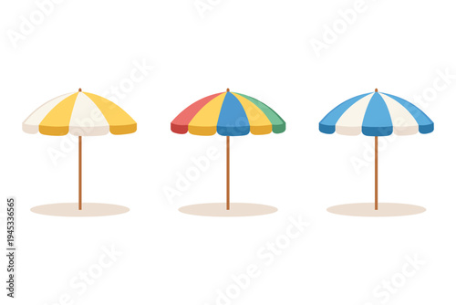 Three colorful beach umbrellas standing on sand with white background