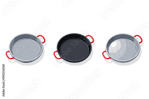 Three paella pans with red handles shown from a top-down perspective on white background