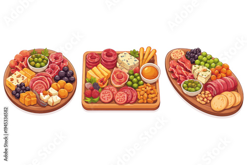 Assortment of delicious charcuterie boards with cheese, meats, fruits, and nuts