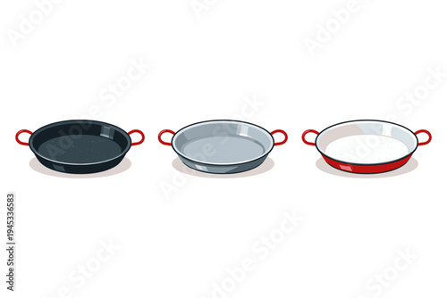 Three different paella pans with red handles displayed side by side on a white background