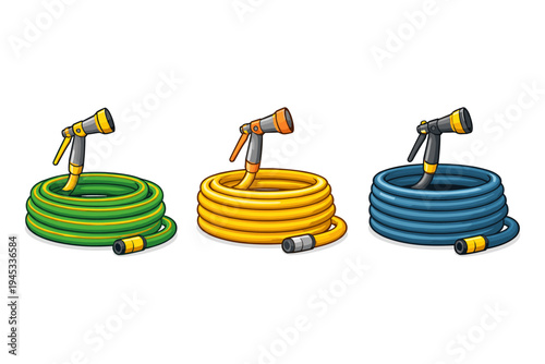 Three coiled garden hoses in green, yellow, and blue with spray nozzles