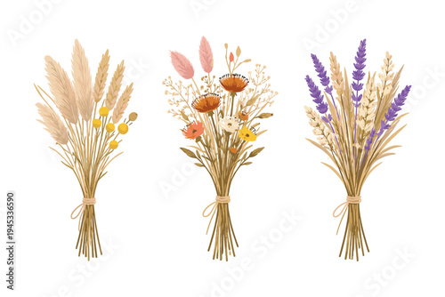 Three dried flower bouquets with pampas grass, lavender, and wildflowers