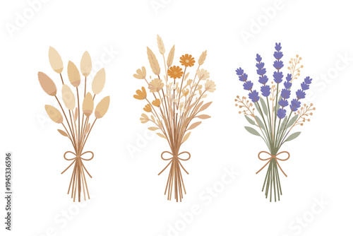 Three bouquets of dried flowers and lavender tied with twine on a white background