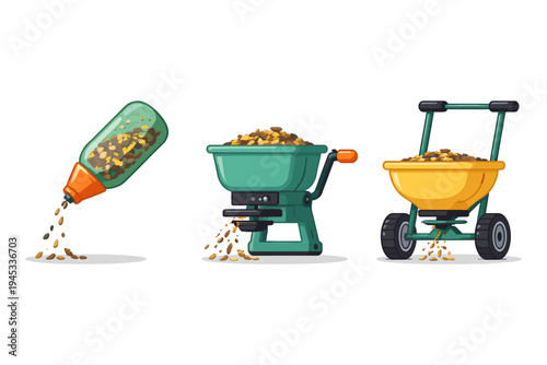 Various seed spreaders and fertilizer applicators for gardening and lawn care