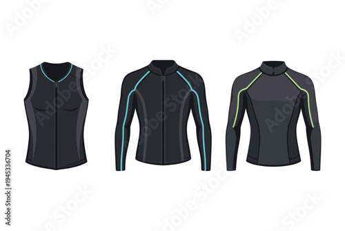 Collection of three black wetsuits with colored accents for water sports