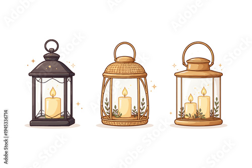 Three decorative lanterns with lit candles and greenery, isolated on white background