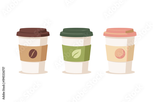 Three different disposable coffee cups with lids and sleeves, isolated on white background