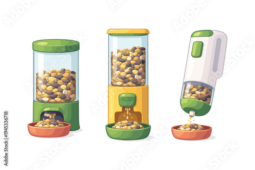 Three different automatic pet food dispensers with kibble filling bowls