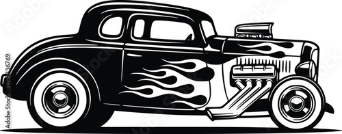 Vintage Hot Rod Coupe with Flame Graphics Hand Drawn Retro Vector Illustration