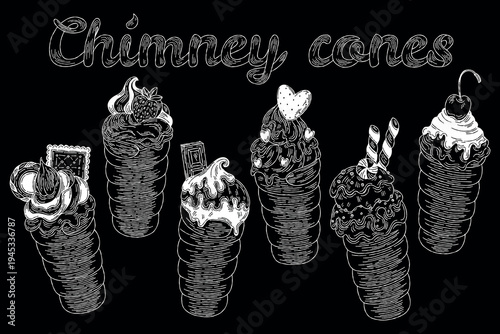 Whimsical hand-drawn chimney cones with various toppings on a black background.  A collection of stylized chimney cakes decorated with fruits, chocolate, and candies, presented in a charming sketch.