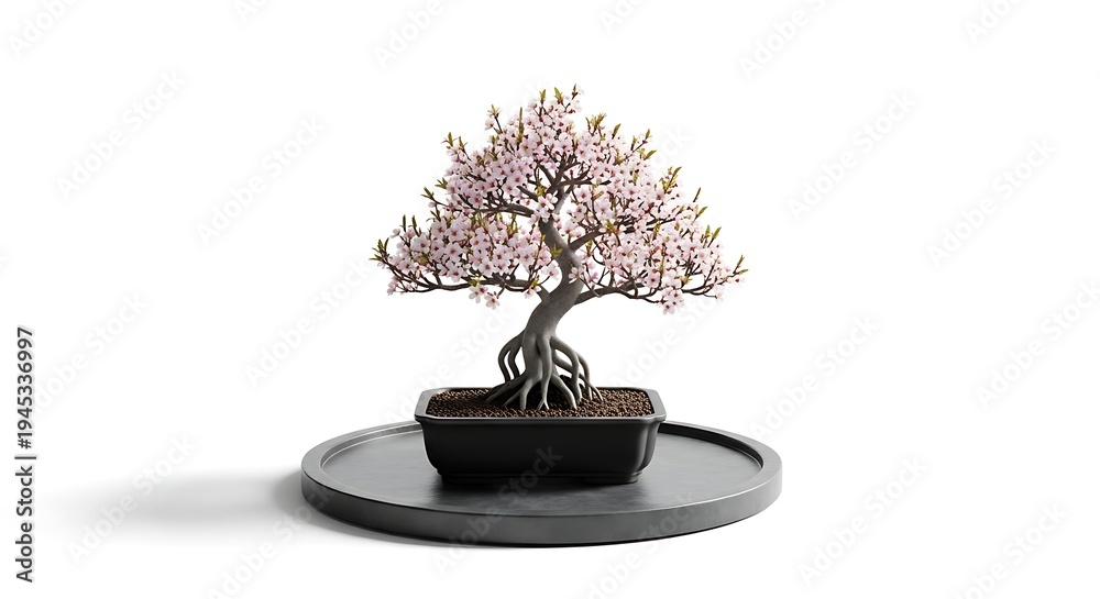 Obraz premium Small bonsai tree with pink flowers in a black pot on a round tray