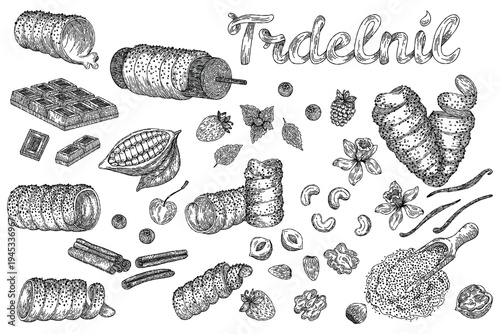 Hand-drawn collection of Trdelnik pastries, chocolate, fruits, nuts, and spices. A detailed black and white illustration featuring various sweet treats and ingredients, perfect for culinary or baking 